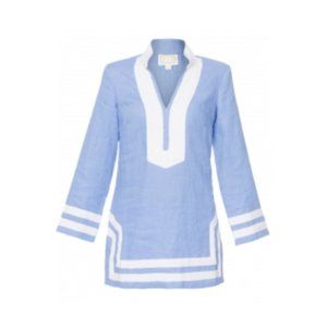 NWT Sail to Sable Classic Tunic Dress Womens Medium Blue White V-Neck Linen NEW